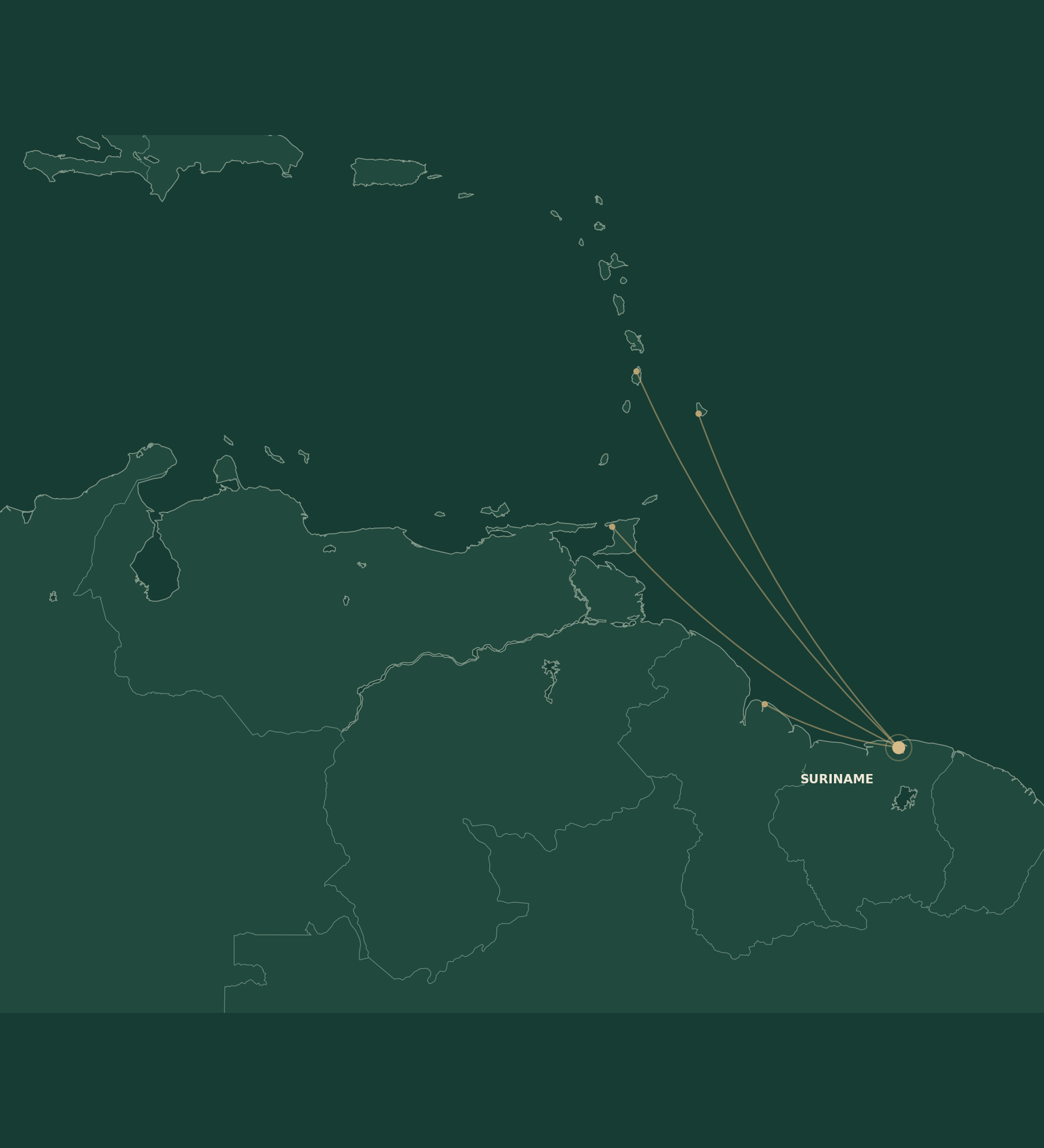 Geographically accurate map of Suriname and the eastern Caribbean with illustrative regional connections